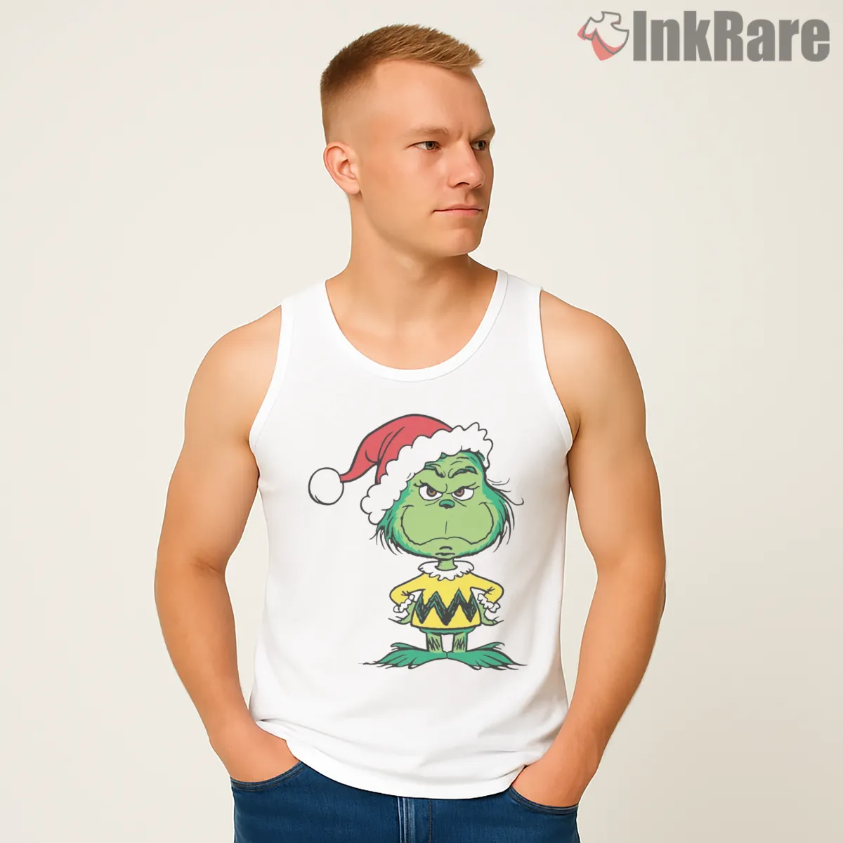 Retro Peanuts Style Grinch Christmas Tank Top White Retro Peanuts Style Grinch Christmas Shirt on white tank top for men graphic tee