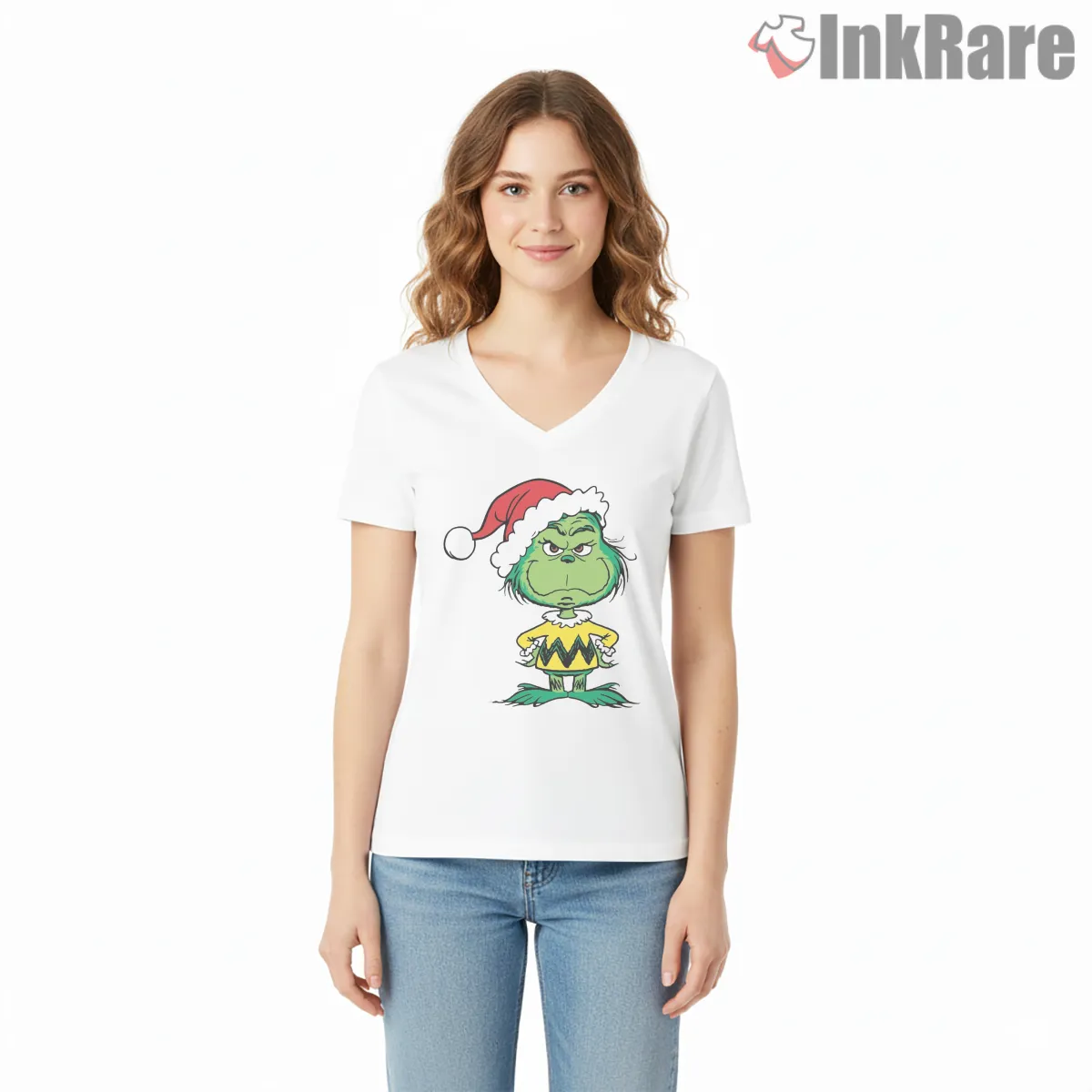 Retro Peanuts Style Grinch Christmas V Neck White Retro Peanuts Style Grinch Christmas Shirt on white v-neck shirt for women graphic tee