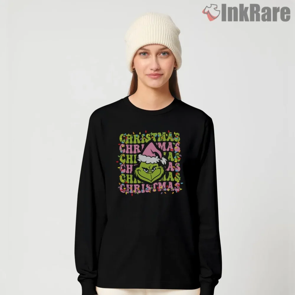 Retro Pink Quad Panel Grinch Cindy Lou Shirt on black long sleeve shirt for women graphic tee