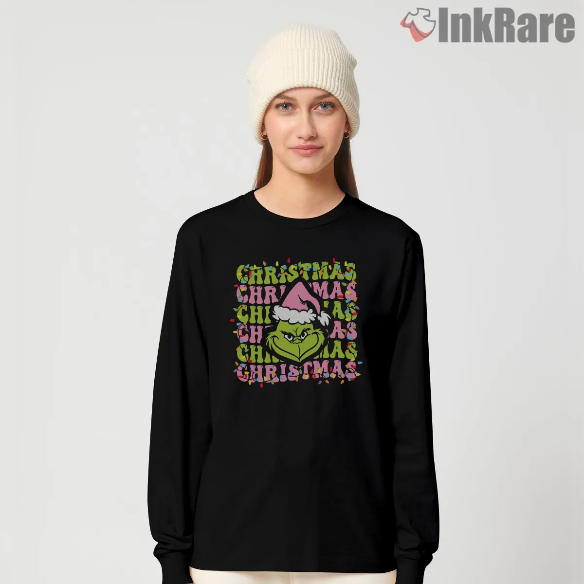 Retro Pink Quad Panel Grinch Cindy Lou Long Sleeve Black Retro Pink Quad Panel Grinch Cindy Lou Shirt on black long sleeve shirt for women graphic tee