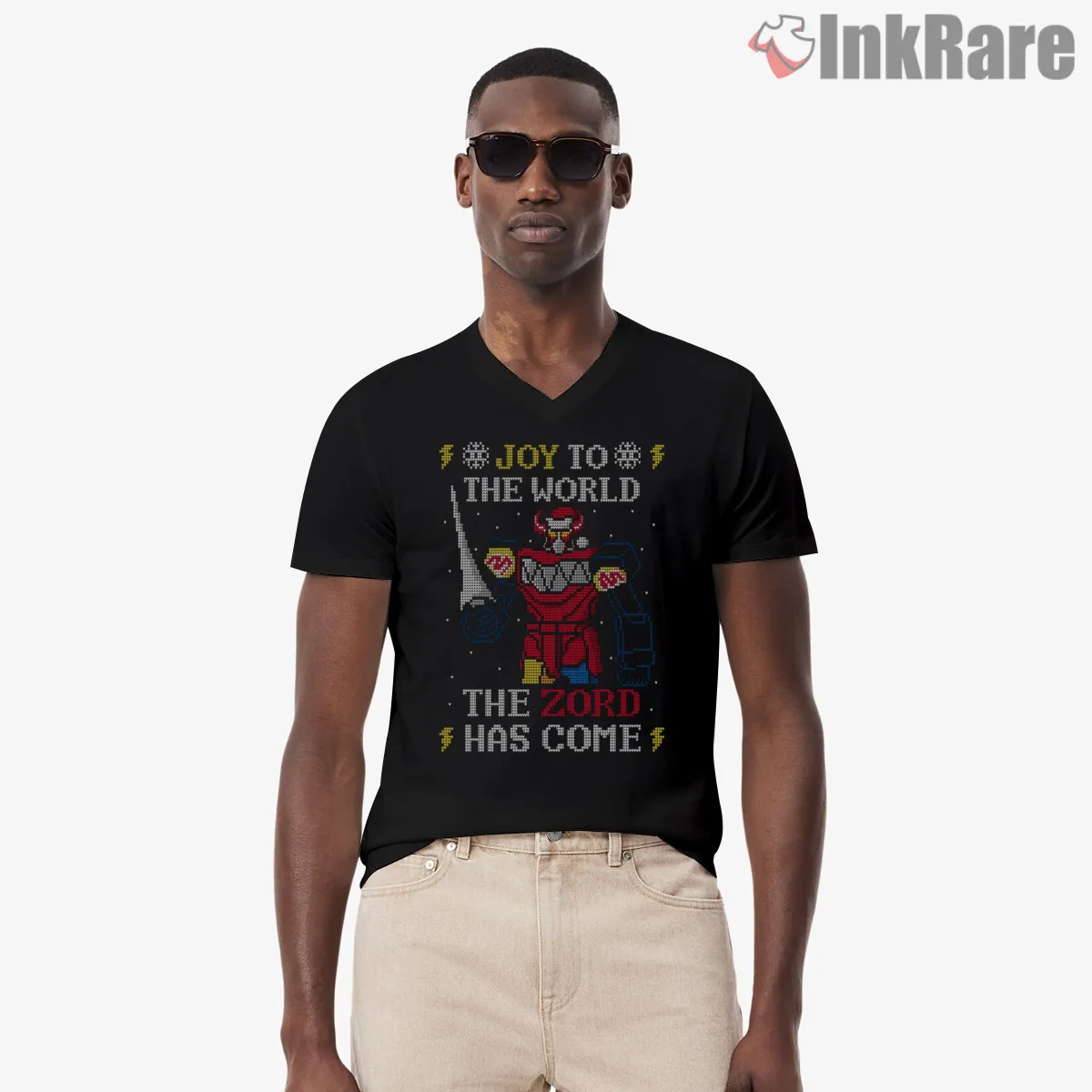 Retro Pixel Megazord Arrival Shirt on black v-neck shirt for men graphic tee