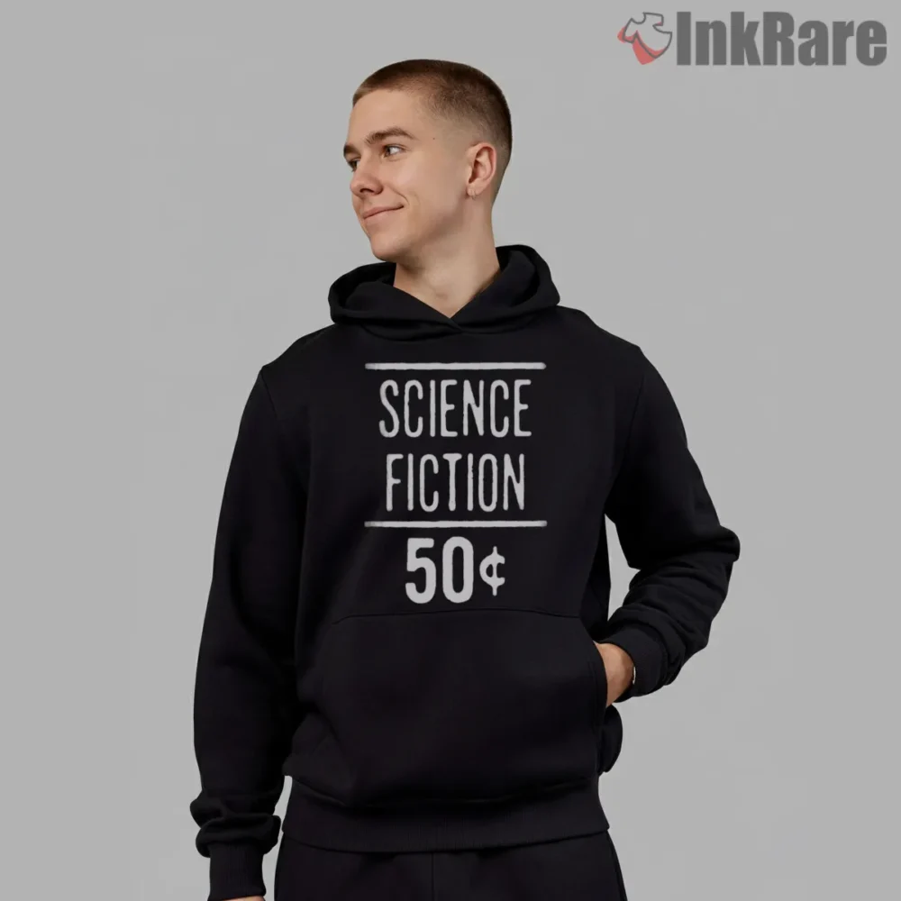 Retro Science Fiction Book Spine Shirt on black hoodie for men graphic tee