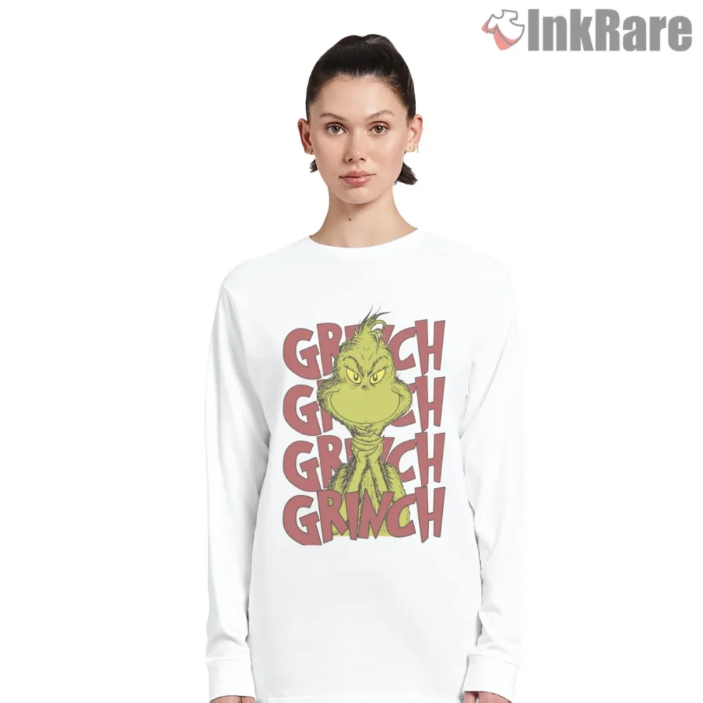 Retro Stacked Grinch Typography Bold Graphic Shirt on white long sleeve shirt for women graphic tee