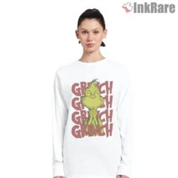 Retro Stacked Grinch Typography Bold Graphic Shirt on white long sleeve shirt for women graphic tee