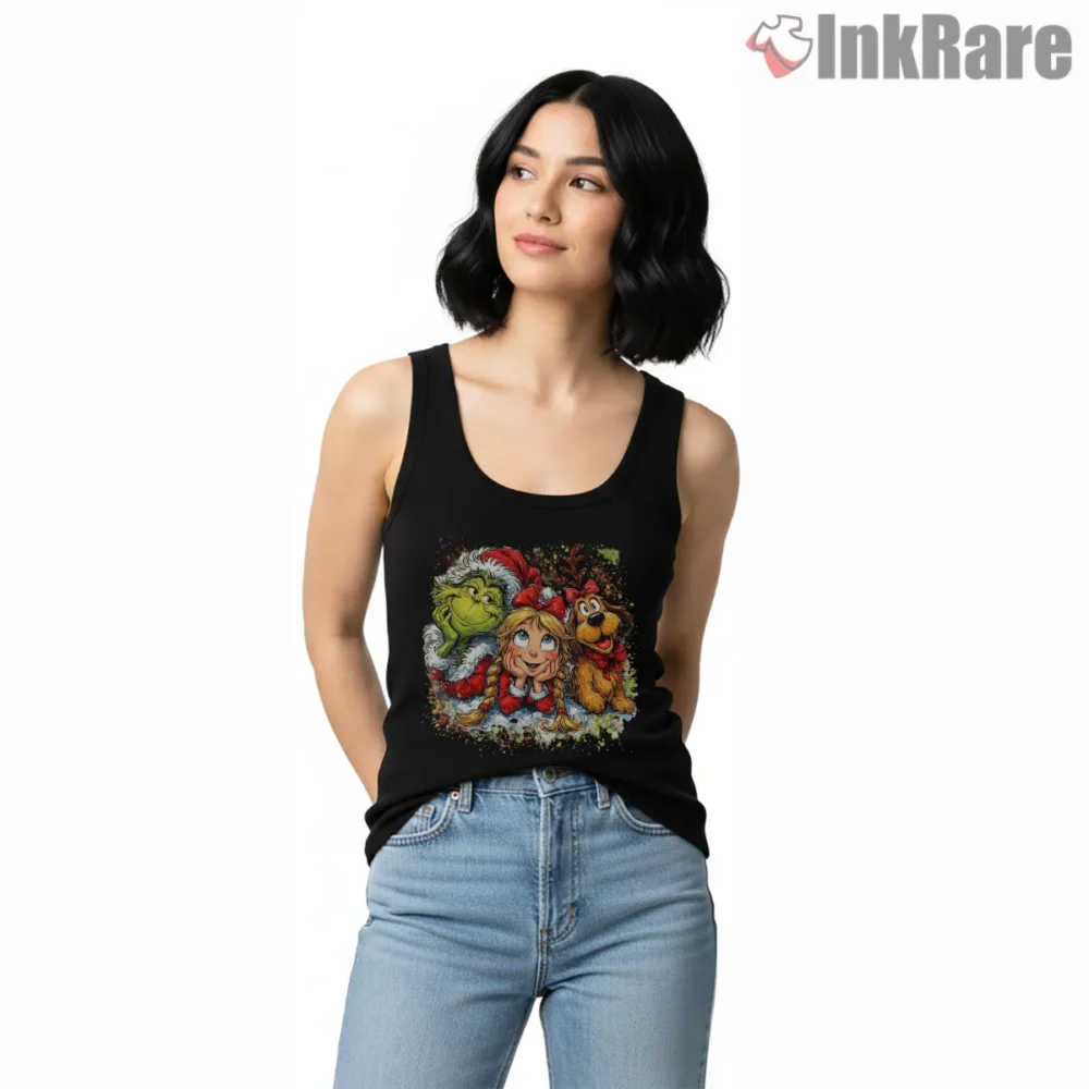 Retro Storybook Grinch Cindy Lou Christmas Shirt on black tank top for women graphic tee
