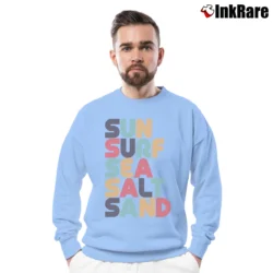 Men’s Retro Sun Surf Sea Salt Sand for Beach Lovers Crewneck Sweatshirt in light blue | Cozy Fabric, Clean Style