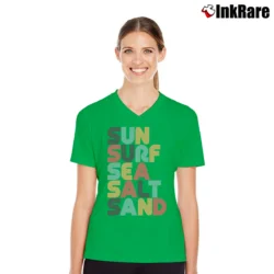 Women’s Retro Sun Surf Sea Salt Sand for Beach Lovers V-Neck Tee in irish green | Chic Neckline, Soft Texture