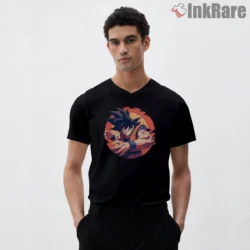 Retro Sunburst Goku Punch Shirt on black v-neck shirt for men graphic tee