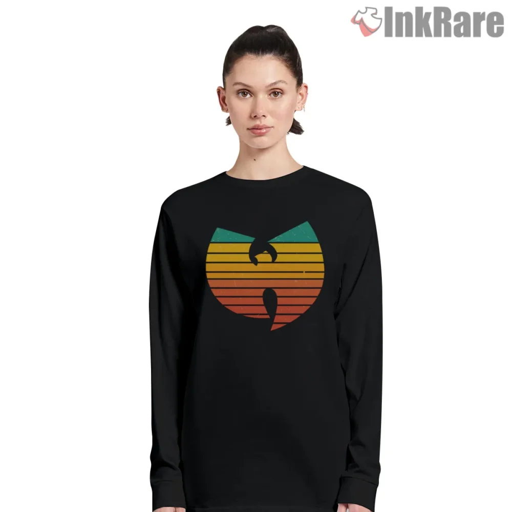 Retro Sunset Stripe Wu Tang Symbol Shirt on black long sleeve shirt for women graphic tee