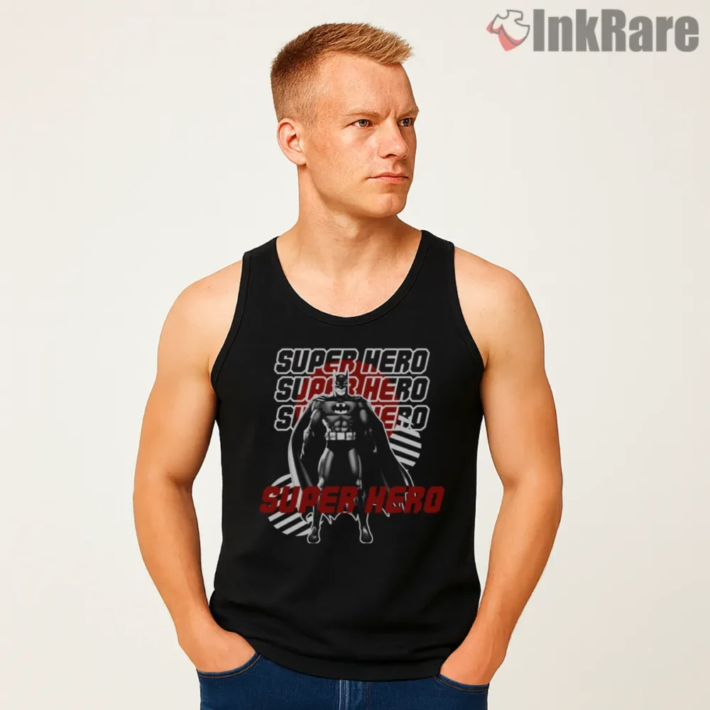 Retro Super Hero Batman Typography Shirt on black tank top for men graphic tee