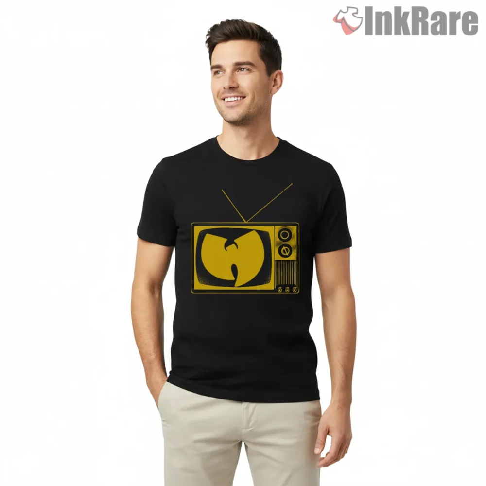 Retro Tv Screen Wu Tang Logo Shirt on black short sleeve shirt for men graphic tee