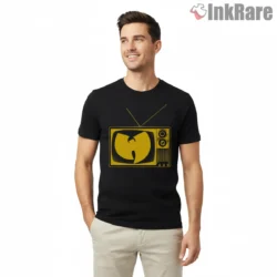 Retro Tv Screen Wu Tang Logo Shirt on black short sleeve shirt for men graphic tee