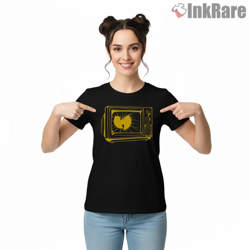 Retro Tv Sketch Wu Tang Symbol Shirt on black short sleeve shirt for women graphic tee