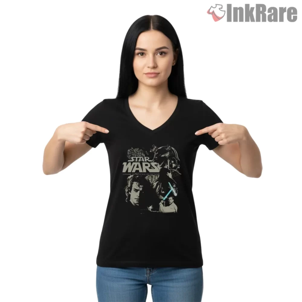Revenge Of The Sith Anakin Skywalker Cinematic Shirt on black v-neck shirt for women graphic tee