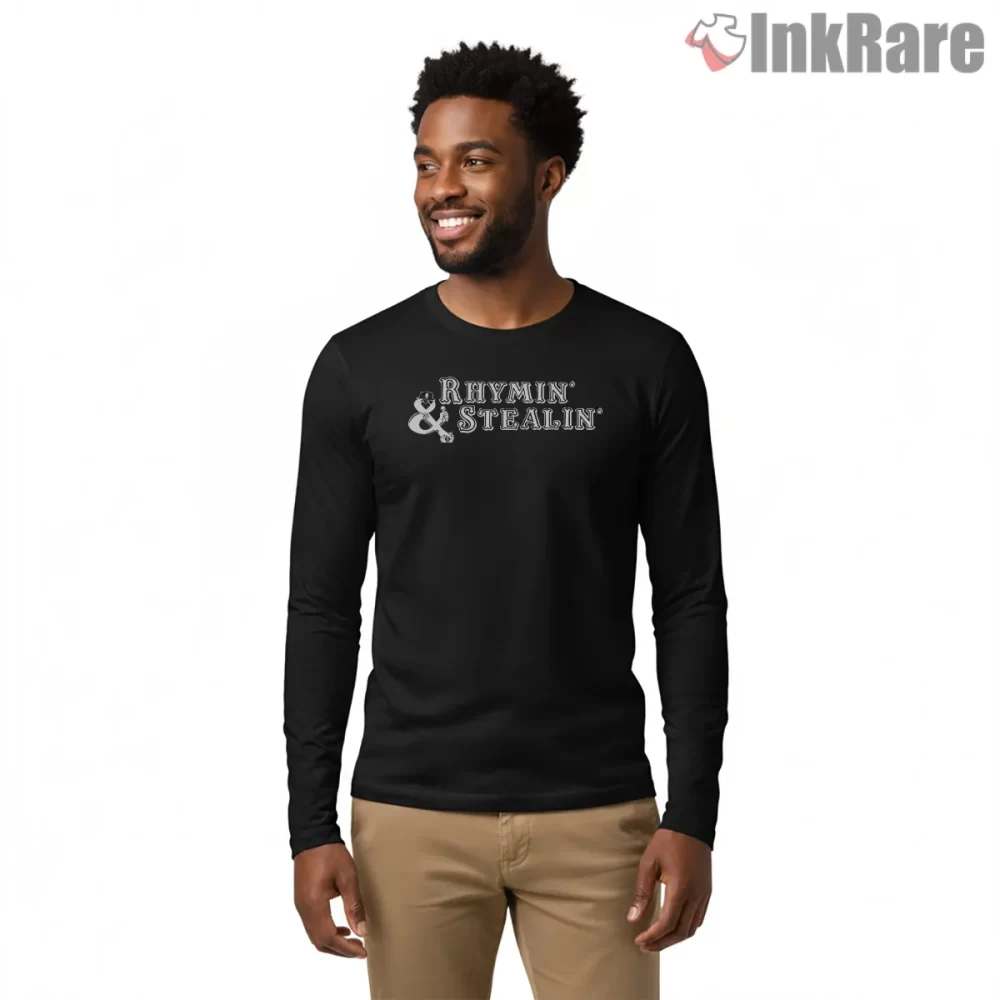 Rhymin And Stealin Classic Script Logo Shirt on black long sleeve shirt for men graphic tee