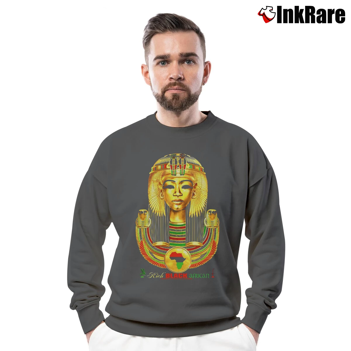 Men’s Rich Black African Female Nuwbia Dynasty Art Crewneck Sweatshirt in charcoal | Cozy Fabric, Clean Style