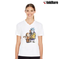 Women’s Rick And Morty As Dragon Ball Goku Master Roshi Mashup V-Neck Tee in white | Chic Neckline, Soft Texture