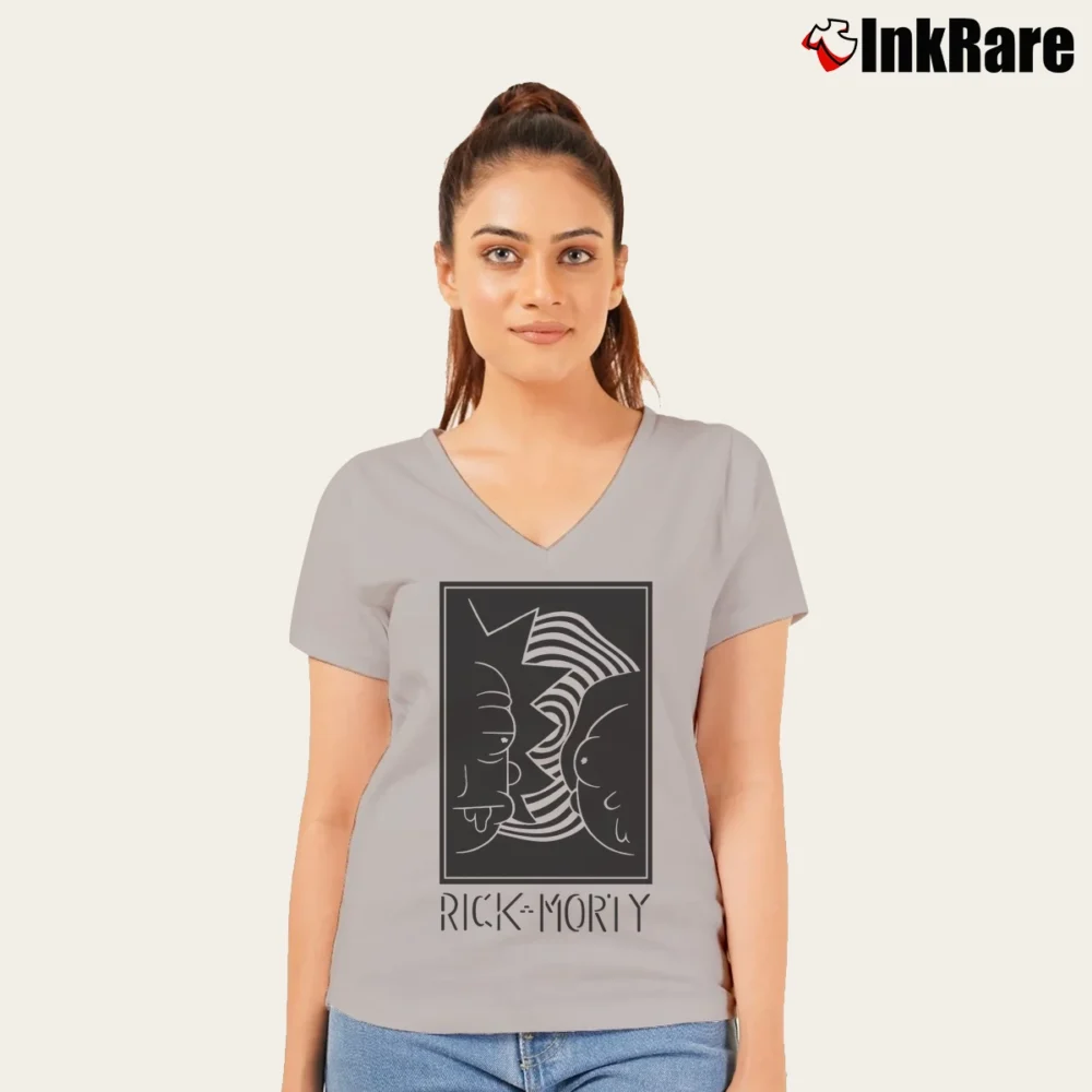 Women’s Rick And Morty Black White Faces Cartoon Classic V-Neck Tee in sport grey | Chic Neckline, Soft Texture