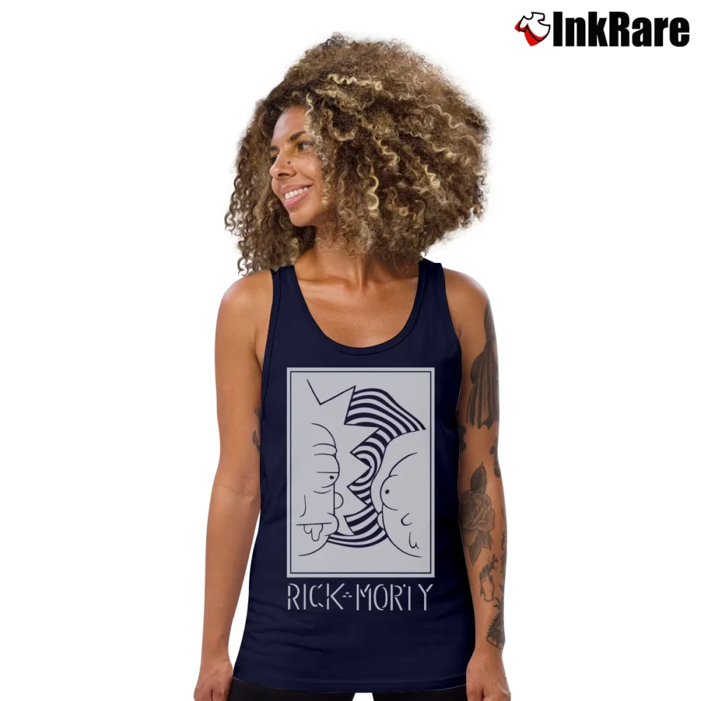 Women’s Rick And Morty Black White Faces Cartoon Tank Top in navy | Lightweight, Movement-Friendly