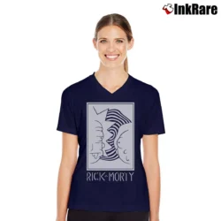 Women’s Rick And Morty Black White Faces Cartoon V-Neck Tee in navy | Chic Neckline, Soft Texture