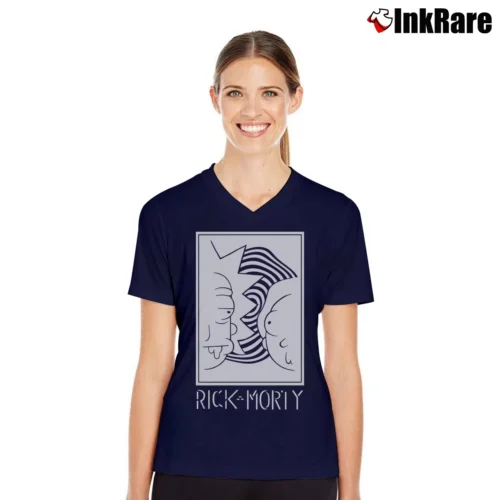 Rick And Morty Black White Faces Cartoon Women’s V-Neck Tee in navy – Flattering Fit Women’s Rick And Morty Black White Faces Cartoon V-Neck Tee in navy | Chic Neckline, Soft Texture