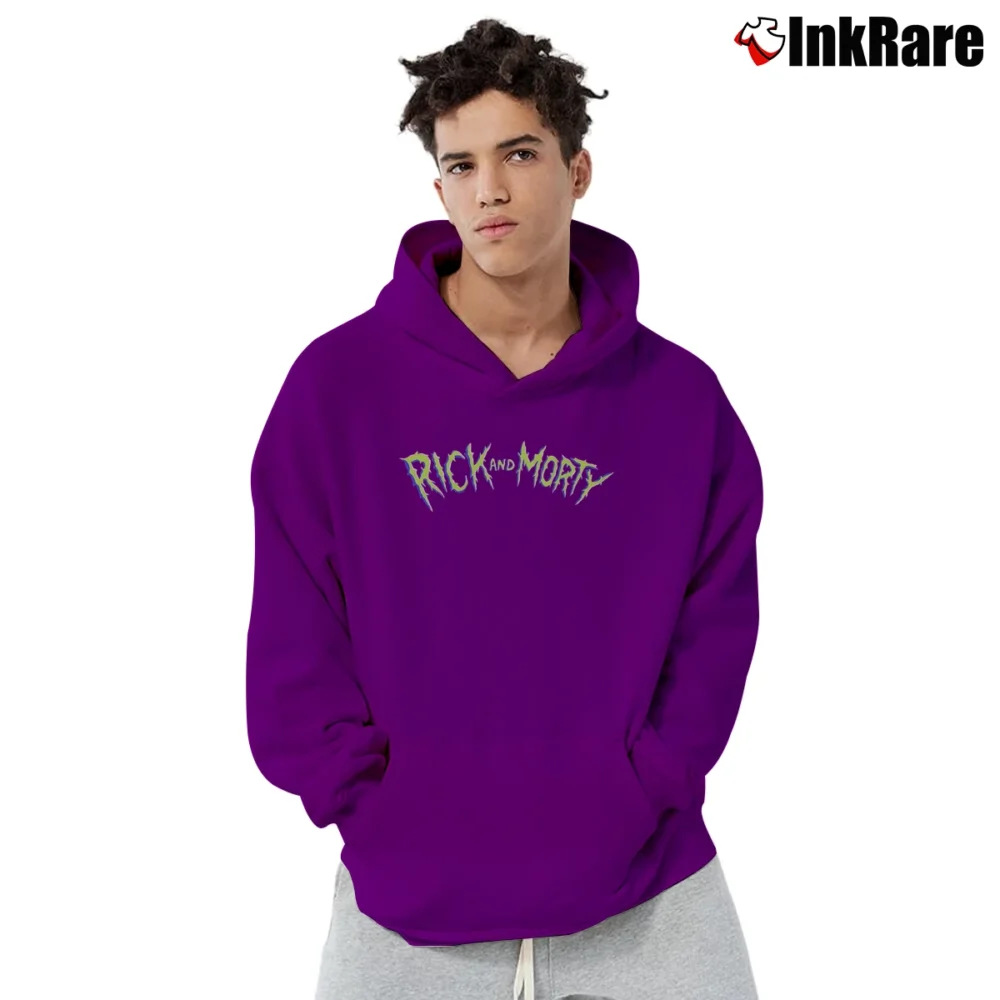 Men’s Rick And Morty Cartoon Letter Graphic Drawstring Pullover Hoodie in purple | Cozy, Durable, Modern Fit