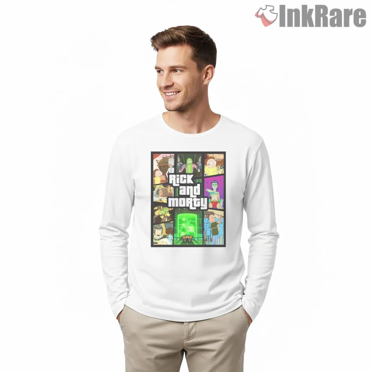 Rick And Morty Gta Style Cartoon Panel Mashup Shirt on white long sleeve shirt for men graphic tee