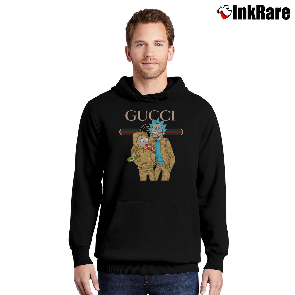 Men’s Rick And Morty Gucci Logo Cartoon Pullover Hoodie in black | Cozy, Durable, Modern Fit