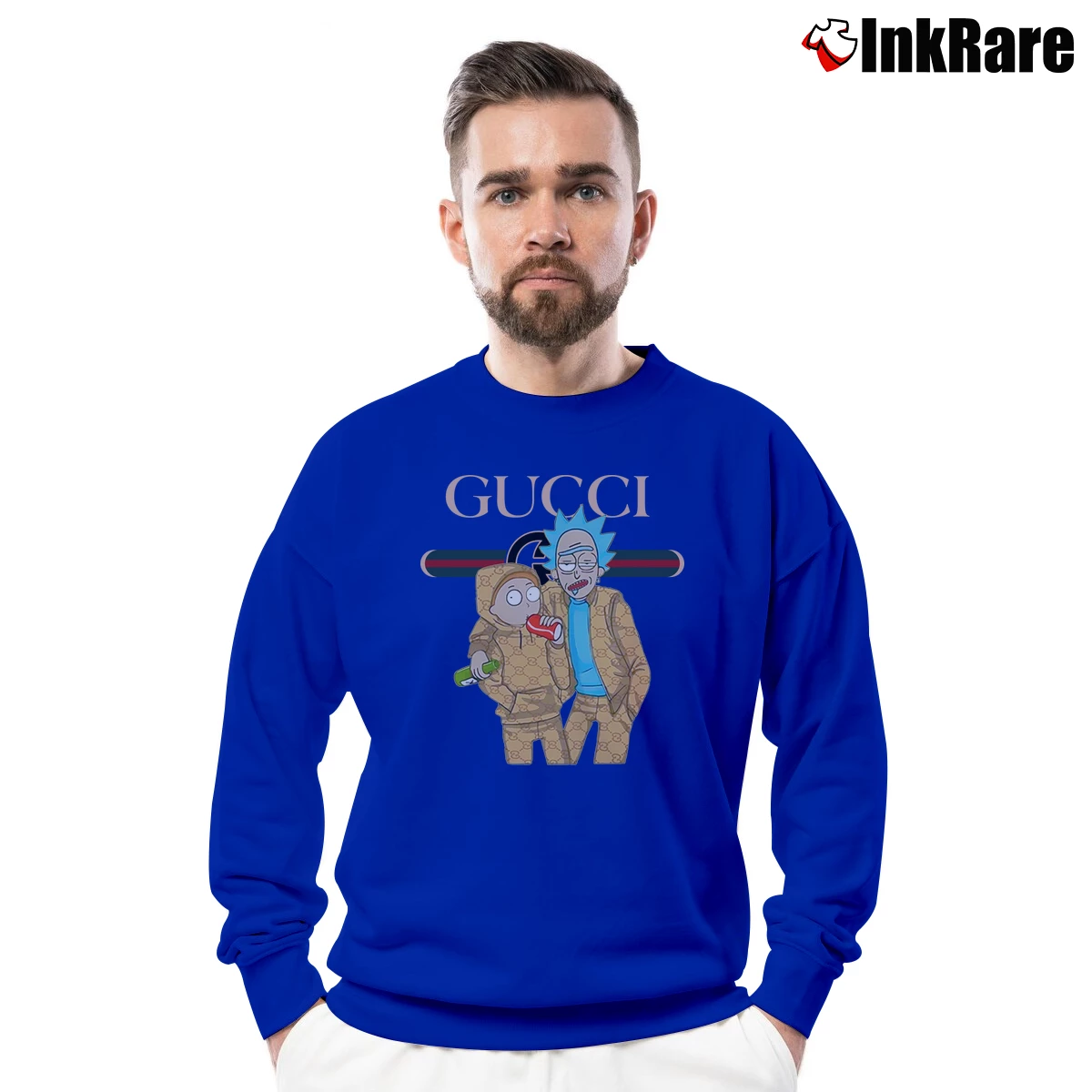 Men’s Rick And Morty Gucci Logo Cartoon Crewneck Sweatshirt in royal blue | Cozy Fabric, Clean Style