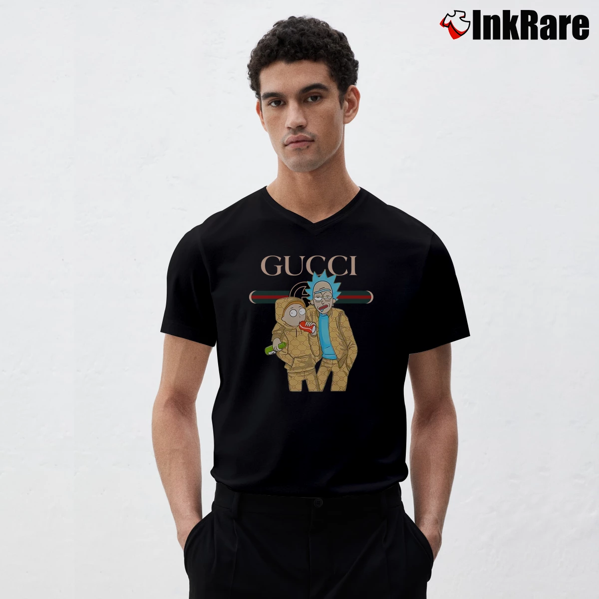 Men’s Rick And Morty Gucci Logo Cartoon V-Neck Tee in black | Sharp, Breathable, Everyday Staple