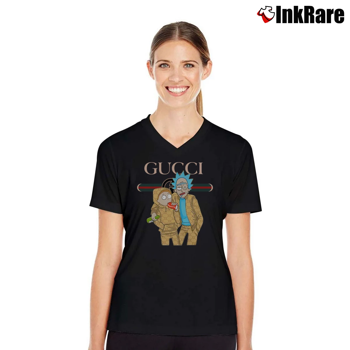 Women’s Rick And Morty Gucci Logo Cartoon V-Neck Tee in black | Chic Neckline, Soft Texture