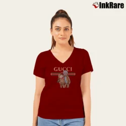 Women’s Rick And Morty Gucci Logo V-Neck Tee in maroon | Chic Neckline, Soft Texture