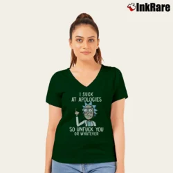 Women’s Rick And Morty I Suck At Apologies So Unfuck You Or Whatever V-Neck Tee in forest green | Chic Neckline, Soft Texture