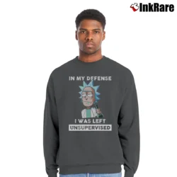 Men’s Rick And Morty In My Defense I Was Left Unsupervised Funny Quote Crewneck Sweatshirt in charcoal | Cozy Fabric, Clean Style