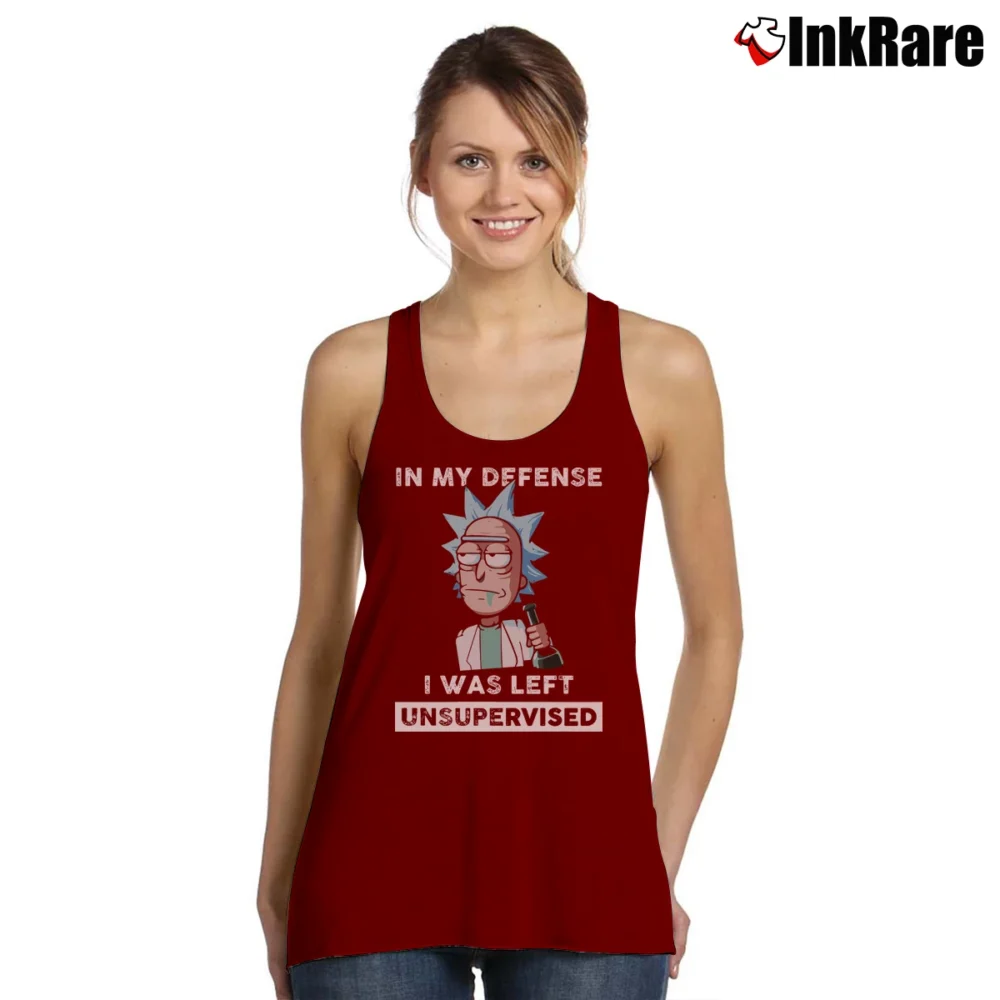 Women’s Rick And Morty In My Defense I Was Left Unsupervised Funny Quote Tank Top in maroon | Lightweight, Movement-Friendly