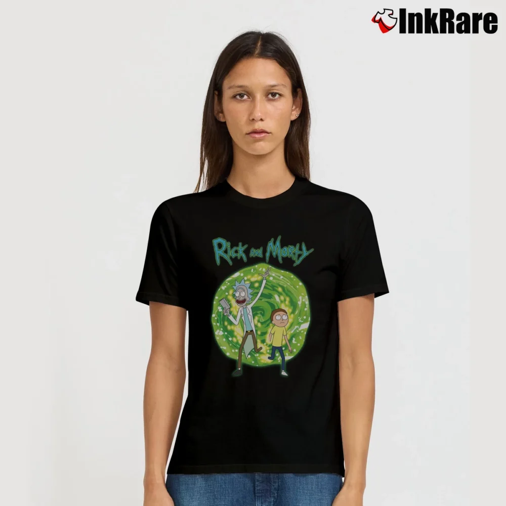 Women’s Rick And Morty Portal Adventure Graphic Signature T-Shirt in black | Soft, Flattering Fit