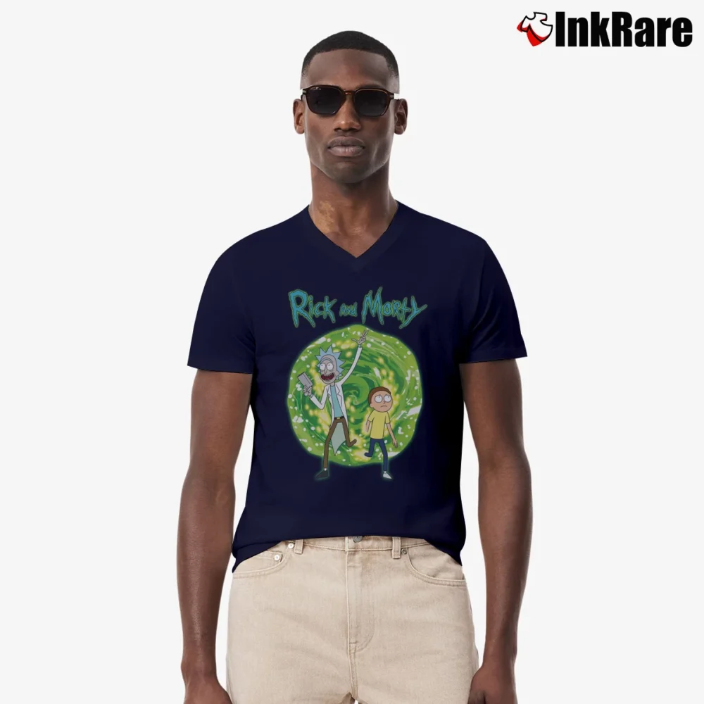 Men’s Rick And Morty Portal Adventure Graphic V-Neck Tee in navy | Sharp, Breathable, Everyday Staple