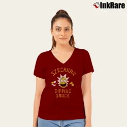 Women’s Rick And Morty Rick's Szechuan Dipping Sauce V-Neck Tee in maroon | Chic Neckline, Soft Texture