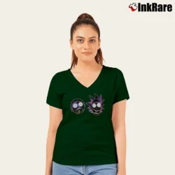 Women’s Rick And Morty Space Heads Cartoon V-Neck Tee in forest green | Chic Neckline, Soft Texture