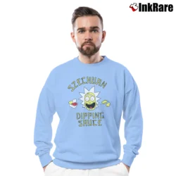 Men’s Rick And Morty Szechuan Dipping Sauce Graphic Classic Crewneck Sweatshirt in light blue | Cozy Fabric, Clean Style