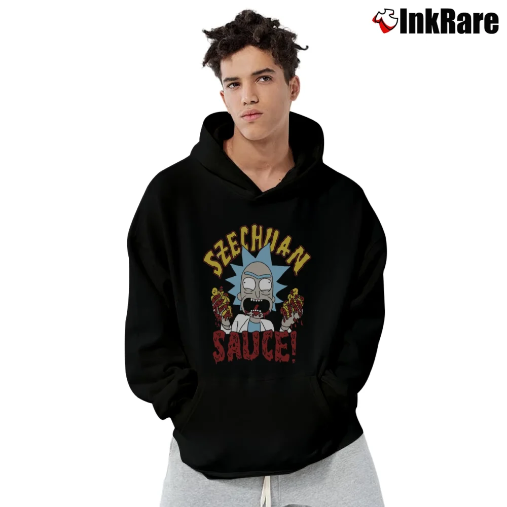 Men’s Rick And Morty Szechuan Sauce Graphic Pullover Hoodie in black | Cozy, Durable, Modern Fit