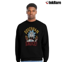 Men’s Rick And Morty Szechuan Sauce Graphic Crewneck Sweatshirt in black | Cozy Fabric, Clean Style