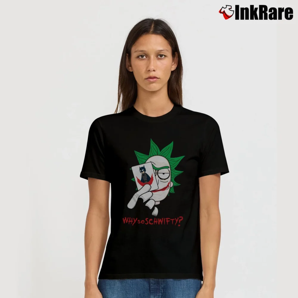 Women’s Rick And Morty Why So Schwifty Funny Signature T-Shirt in black | Soft, Flattering Fit