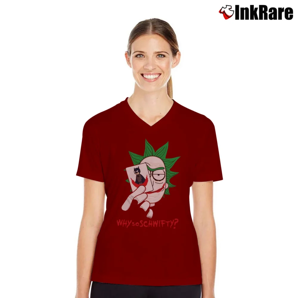Women’s Rick And Morty Why So Schwifty Funny V-Neck Tee in maroon | Chic Neckline, Soft Texture