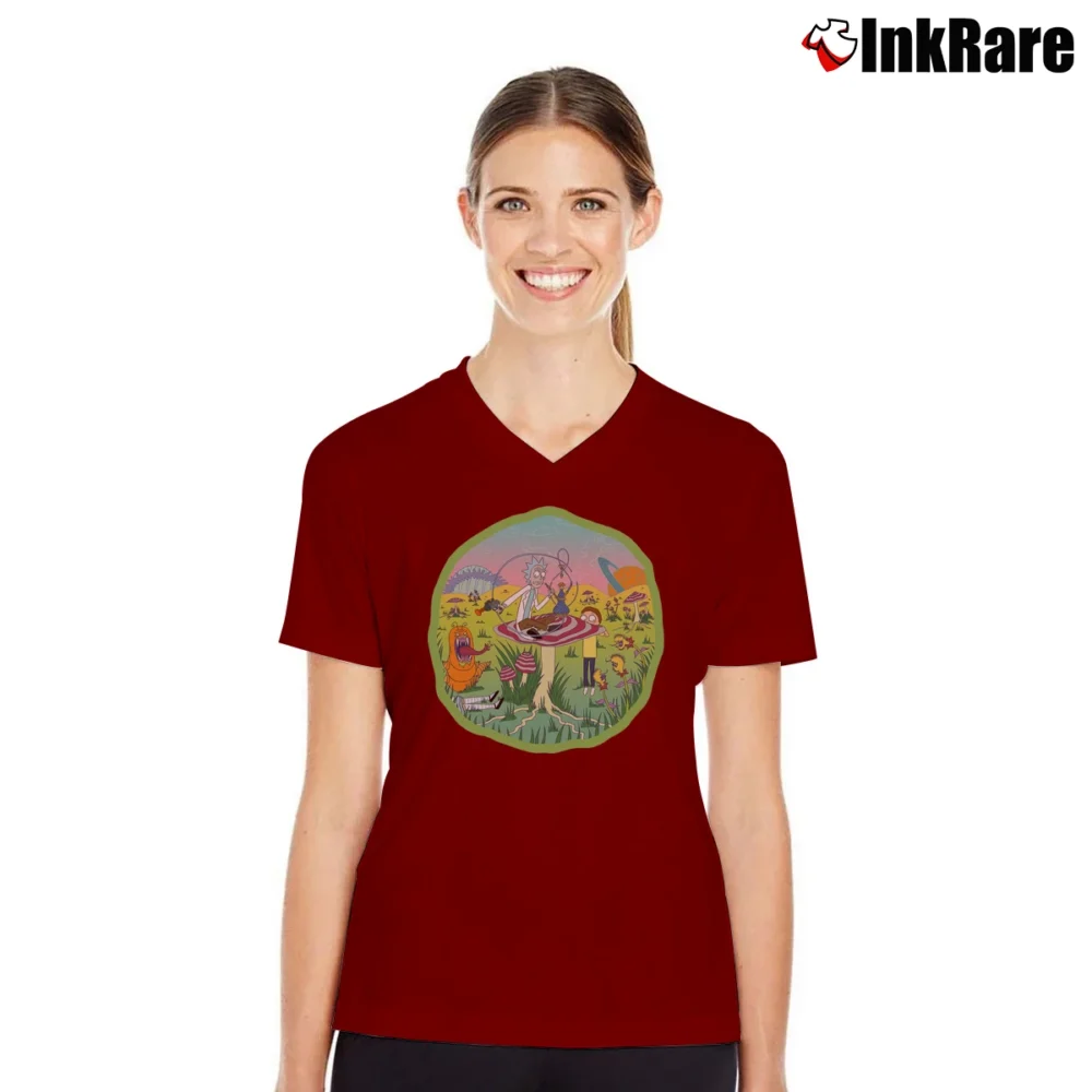 Women’s Rick And Morty Wonderland V-Neck Tee in maroon | Chic Neckline, Soft Texture