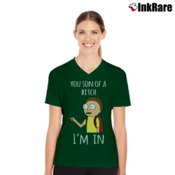 Women’s Rick And Morty You Son Of A Btch I'm In Cartoon Mashup V-Neck Tee in forest green | Chic Neckline, Soft Texture