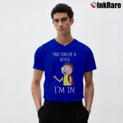 Men’s Rick And Morty You Son Of A Btch I'm In Cartoon Mashup V-Neck Tee in royal blue | Sharp, Breathable, Everyday Staple