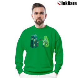 Men’s Rick Vs Doctor Who Rick And Morty Crossover Crewneck Sweatshirt in irish green | Cozy Fabric, Clean Style