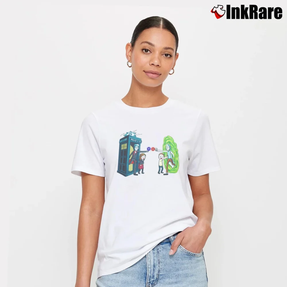 Women’s Rick Vs Doctor Who Rick And Morty Crossover Signature T-Shirt in white | Soft, Flattering Fit