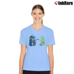 Women’s Rick Vs Doctor Who Rick And Morty Crossover V-Neck Tee in light blue | Chic Neckline, Soft Texture